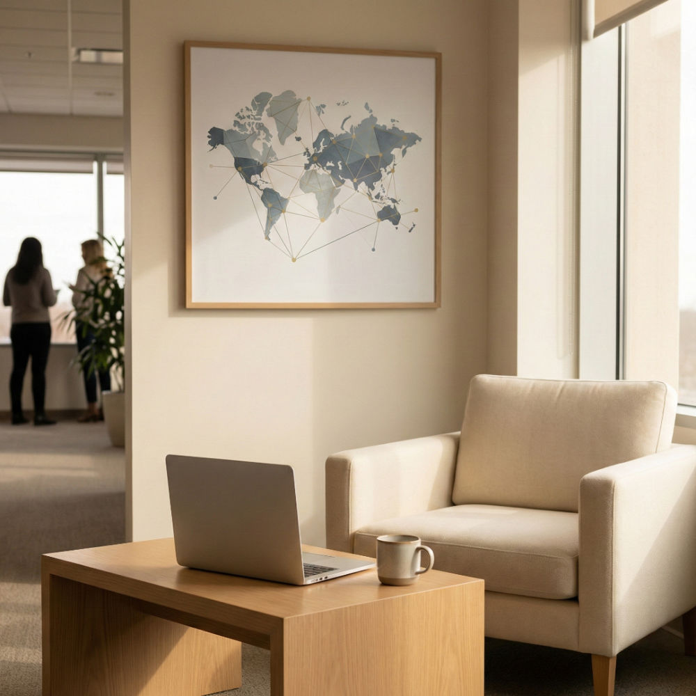 view of people in the backroom of an office facing out a window viewed from a modern front room with a map on the wall and a chair with a laptop on a table